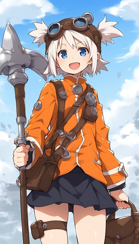 score_9, score_8_up, score_7_up, source_anime, rating_explicit, BREAK  <lora:Pratty_XL:1> Pratty, blue eyes, short hair, goggles, white hair, short twintails, hair through headwear, brown headwear, 
1girl, solo, open mouth, weapon, smile, holding, looking at viewer, long sleeves, :d, polearm, holding weapon
 orange long sleeves, bag, skirt, short twintails, looking at viewer, standing, blue eyes, thigh strap, :d
standing, cowboy_Shot
outdoor, sky,