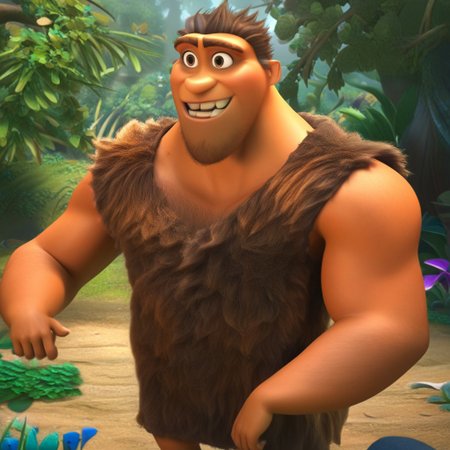 Grug, 1boy, short hair, facial hair, bara, musuclar, thick eyebrows, chest hair, brown hair, stubble, pectorals, brown eyes, arm hair, leg hair, sleeveless, tattered tunic, furry top, brown fur, caveman, broad shoulders,  forest, smile, solo, muscular, wide shoulders, 4k, hi res, five fingers, detailed hands, ((detailed face, (detailed eyes:1.0), detailed)), large build, crooked teeth,