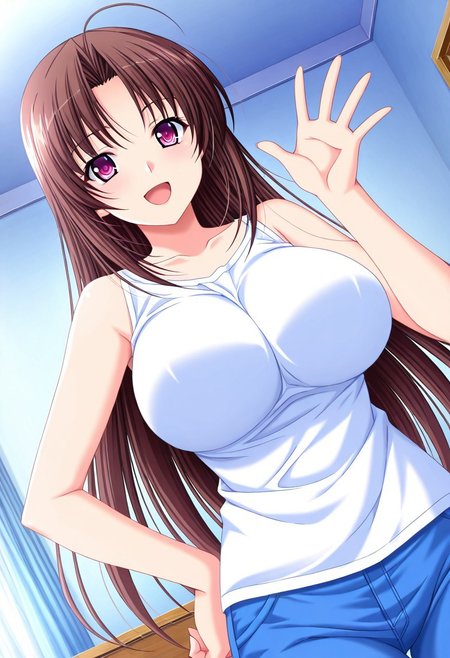 general,highres, ultra-detailed,very aesthetic,best quality ,best hands,best eyes,easynegative,
dynamic anglre, dutch angle, anime cloring,anime screencap,
1girl solo,looking at viewer,bedroom,smile,open mouth,hand on hip,waving hand, 
Ryouko SHIRAKAWA,brown_hair, long_hair, purple_eyes, huge_breasts,bare shoulders shirt, pants,