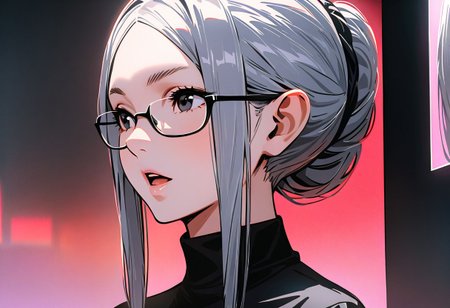 (graphic novel style, dark novel style:1.5),(anime), (masterpiece:1.4), (soft cinematic light:1.1), incredibly lifelike, Extremely high-resolution details, 8k, best quality,extremely detailed, contrast,
high tech design,
 gallery of contemporary art, inside, portrait old woman against the backdrop of a giant floor-to-ceiling window, through which one can see a city landscape with skyscrapers and a sunset , open mouth, one portrait ((elderly)) woman in a ((black long dress)) and black high-heeled shoes, elderly, old woman, [Nordic], Hourglass elongated body, Oval Face, Long neck, Rounded shoulders, long slim thin arms, Attached Pointed ears, round forehead, (gray Updo short combed back hair), snub nose, Arched eyebrows, Monolid black Eyes, High Round Narrow cheekbones, Hollow Cheeks, Rounded Chin, Rounded Jawline, thin Lips, (black eyes), (square glasses), Wrinkles and Fine Lines,
