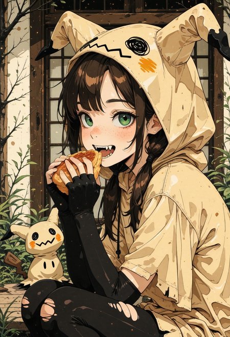 (in style of fujimoto tatsuki \(style\),:1.2), ligne claire, ukiyo-e,
1girl,
masterpiece, best quality, amazing quality, 
green eyes, dark-brown hair, freckles, (asymmetric bangs), low-twintails, 
mimikyu_cosplay, personification, hood up, short sleeves, torn clothes, leggings, fingerless elbow gloves,
(large fangs:1.2), happy, eating, looking at viewer, from side, close-up,
very aesthetic, absurdres, hyper-detailed, 8k uhd, absolutely eye-catching, ambient occlusion, raytracing, score_9, score_8_up, score_7_up,