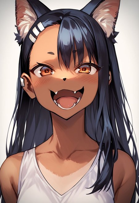 score_9, score_8_up, score_7_up, high res, best quality, fox, Nagatoro Hayase foxgirl, foxgirl, long hair, bangs, black hair, hair ornament, brown eyes, hairclip, fang, dark skin, dark-skinned female, tan, fluffy_new_year, merry_furistmas, cowboyshot,
 <lora:Fluffy_New_Year__Merry_Furistmas:1>