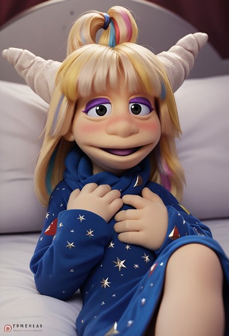 1girl, score_9, score_8_up, score_7_up BREAK Eureekaa, 1girl, blonde hair, multicolor hair streaks, ponytail, horns, black eyes, purple eyeshadow, long blue starry robe, laying on bed, back on top of bed, looking up and smiling at viewer, in lust, slight blush, aroused, horny, hands on chest full body, legs up and spread, welcoming, waiting with sexual anticipation,