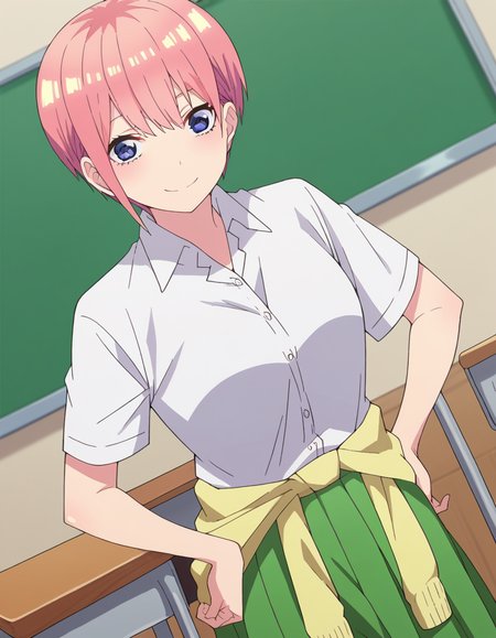 score_9, score_8_up, score_7_up, source_anime,
ichikanakano, <lora:ichika-nakano-s2-ponyxl-lora-nochekaiser:1>, 
ichika nakano, short hair, bangs, blue eyes, hair between eyes, pink hair, pixie cut, smile, mature female,
skirt, shirt, school uniform, white shirt, short sleeves, pleated skirt, shoes, socks, collared shirt, black footwear, sweater, white socks, green skirt, loafers, clothes around waist,
indoors, classroom, smile,
looking at viewer, cowboy shot, solo, dutch angle,
