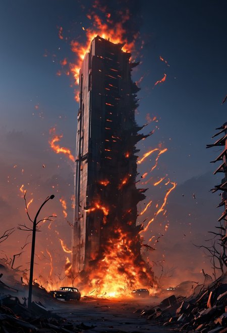 Masterpiece, 4k, ultra high detail, 
Dark sky, burning sky, nighttime, night, burning skyscrapers, destoyed skyline, 
 Apocalyptic scene, burning skyscrapers, burning city, destroyed cars, Collapsing buildings, 
End of the World, 
negative_hand, NightScapes,