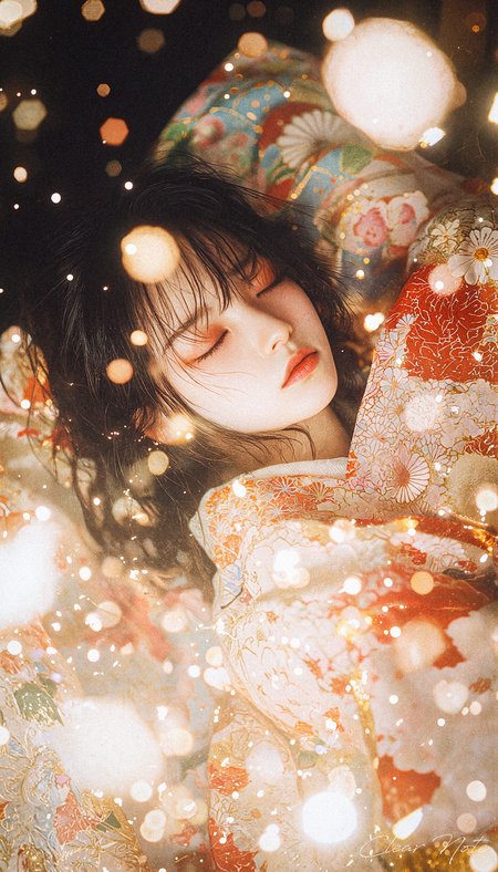 Emotional Art Style, Nostalgic, 
In silk kimono, she softly sleeps,
A tranquil glow, the silence keeps.
Dreams like lanterns gently gleam,
A timeless beauty, wrapped in a dream.