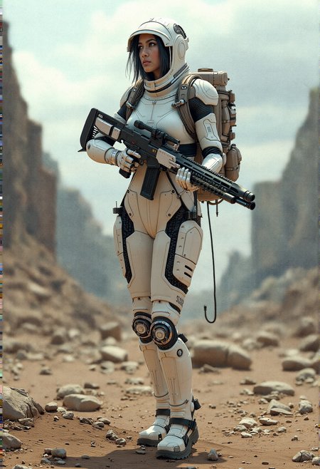 Cybernetic Ranger in a Sci-Fi Wasteland, extreme photorealistic of a female character equipped with a cyber-enhanced white bodysuit featuring mechanical augmentations on her limbs. She has a futuristic hood and a heavy-duty backpack with various survival tools. The scene is set in a sci-fi wasteland, with ruins of advanced civilization in the background. Highlight the technical aspects of her gear and the desolate, yet technologically rich environment around her.

Standing with one leg slightly forward, holding a futuristic plasma rifle, reloading it with a confident expression.

Implement subsurface scattering on her skin to provide a more lifelike appearance, with slight translucency in well-lit areas.ambient occlusion effects to increase the depth and presence of shadows in the crevices and around the joints of the suit. realistic lighting that reflects off the metallic parts of the suit, casting dynamic shadows on her and the surrounding environment. subtle skin pores and fine hair details, along with slight skin texture variations to her face and exposed areas. subtle skin pores and fine hair details, along with slight skin texture variations to her face and exposed areas.

Her tactical boots to include more detailed, rugged tactical boots with visible tech enhancements like shock absorbers and traction controls. bio-monitoring bands around her arms and legs, showing vital signs and other data through small, integrated screens.
