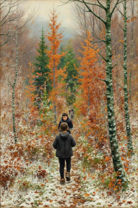 hansandersenbrendekilde1 painting.
A group of people in a forest during autumn. Trees display orange and brown foliage. The ground is covered in leaves and snow patches. <lora:hansandersenbrendekilde1_cap_d8a4e11:1.0><lora:855172422486215566:0>