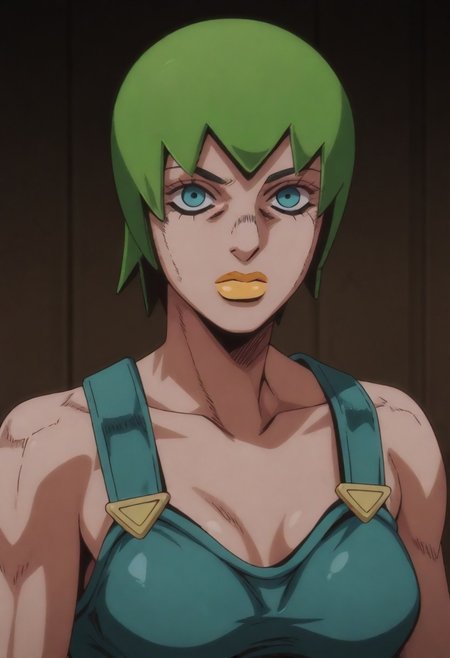 masterpiece, best quality, amazing quality,,, shiny skin,,,,,  (((1girl, solo, FooFighters, Green Hair, Short Hair, Cyan Eyes, Yellow Lipstick, Teal Overalls, Gold Buttons, perfect face, detailed eyes))),
