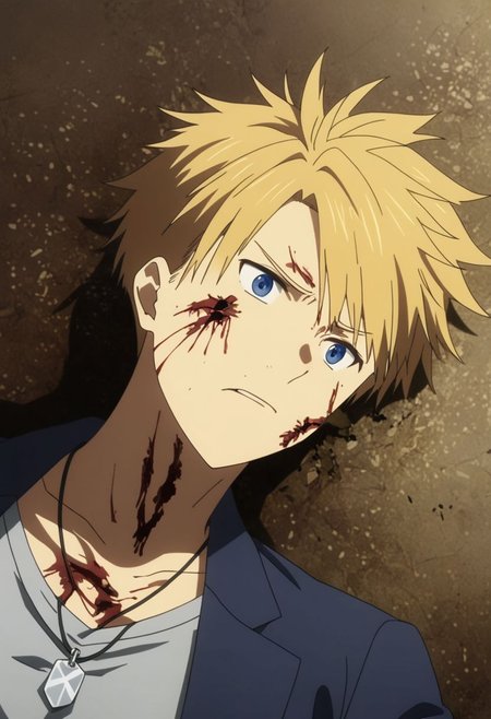 high resolution, professional photography, best quality, 1Boy, Yamato Ishida, blond hair, deep blue eyes, necklace, lying down, conquered, hurt, dying, battered, blank stare, bruised, OverallDetail