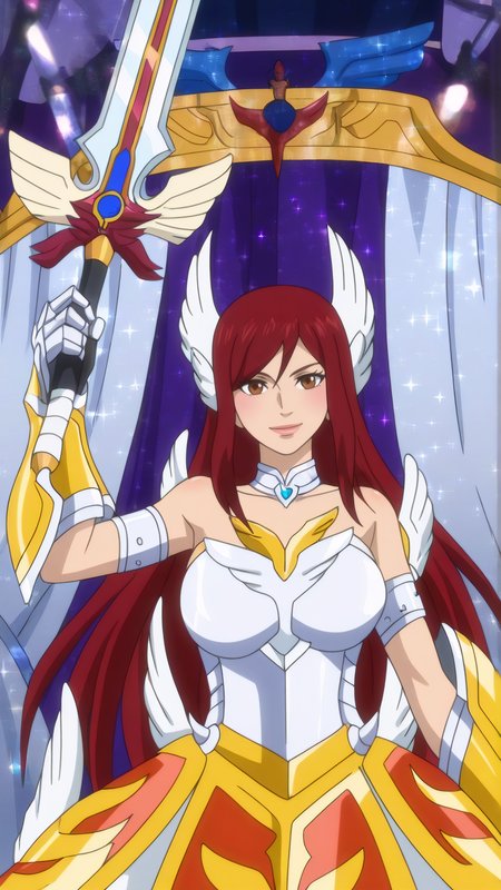 masterpiece, best quality, very aesthetic, absurdres, BREAK, 1girl, looking at viewer, upper body, close-up, 
<lora:Fantasia_Erza_Illu_Dwnsty:0.8>, erz_fantasia, brown eyes, red hair, long hair, armored dress, breast plate, bare shoulders, wings, gloves, wing hair ornament, head wings, gauntlets,
large breasts, lips, light smile, holding weapon, sword, dual wielding, 
indoors, on stage, stage lights, curtain, dimly lit,