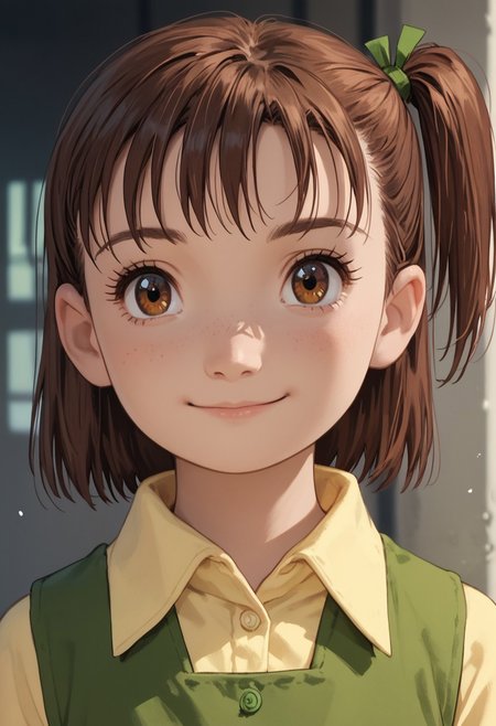 score_9, score_8_up, score_7_up, score_6_up, score_5_up, score_4_up, JeriKatou, 1girl, solo, brown hair, side ponytail, brown eyes, light smile, portrait,  green dress, yellow collared shirt,