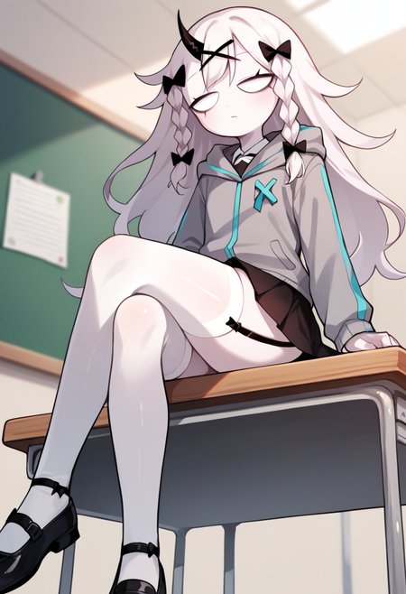 masterpiece, best quality, uncensored, source_anime BREAK score_9, score_8_up, score_7_up, score_6_up, score_5_up, score_4_up, 1girl, solo, rasazyfnf, single horn, white eyes, no pupils, long hair, white hair, white skin, twin braids, x hair ornament, hair bow, Expressiveh, grey jacket, hood, long sleeves, cyan lines, black skirt, white thighhighs, bow, black garter straps, black footwear, shoes, sitting, crossed legs, from below, detailed background, indoors, sitting on school desk, classroom <lora:Expressive_H:0.6> <lora:add-detail-xl:0.5> <lora:Rasazy_MFM_Fnf:0.8>