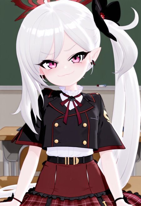masterpiece, good quality, best quality, anime, anime snapshot, 1girl, Mutsuki_(Blue_Archive), pink_eyes, grey_hair, long_hair, side_ponytail, swept_bangs, flat_chest, pointy_ears, red_halo, black_belt, frilled_skirt, frilled_shirt_collar, red_skirt, neck_ribbon, red_ribbon, cropped_jacket, black_jacket, plaid_skirt, white_shirt, looking at viewer, front facing, detailed background, classroom background, detailed eyes, smile, smug smile, sitting on desk