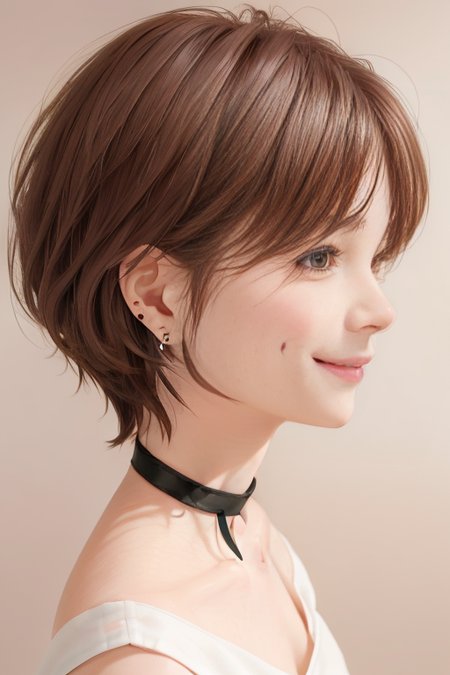 (1girl), (best quality), (masterpiece), (high resolution), (intricate details), (photorealistic), (cinematic light),  <lora:short_hair:0.8>
solo, brown hair, nape, blurry, upper body, blurry background, wavy hair, smile,  realistic, looking at viewer, lips, upper body, off shoulder, shirt
white background, upper body, brown eyes, closed mouth,  profile, lips, nose, portrait, earrings, parted lips, black choker, ear piercing
sleeves past wrists, simple background