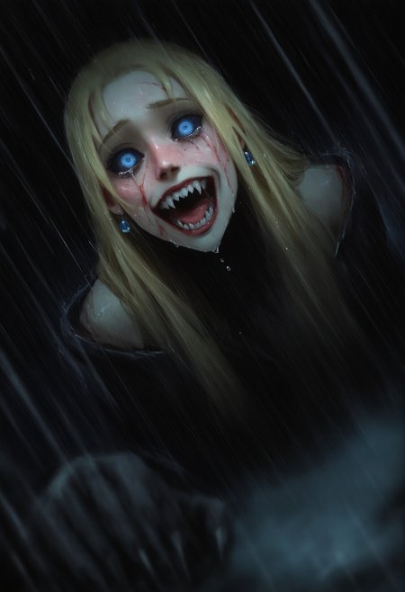 sbjy2, bad_anatomy, bad_face, 1other, blue eyes, colored sclera, black sclera, blonde hair, solo, painful, tears, raining, raindrops, motion, long hair, teeth, sharp teeth, earrings, blood, tearing, jewelry, scarred, open mouth, horror (theme), blood on face, looking at viewer, dynamic dutch angle, blurred foreground, depth of field, foreshortening, claws, sharp fingernails, detailed lighting, masterpiece, best quality, incredibly absurdres, amazing quality, very aesthetic, 4k, official art, , <lora:1f9ed643-777c-46d2-9041-2f7d6f769769:0.9>