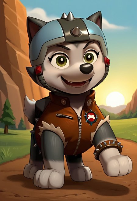 BREAK score_9, score_8_up, score_7_up, source_anime, front view, 1girl, solo, Gasket_PP, feral, dog, alaskan malamute, two tone fur, gray-white, green eyes, fluffy tail, grey-black helmet, spiked helmet, brown jacket, belt, spiked belt, brown bracelet, spiked bracelet, bracelet on left paw, grass, detailed background, day, sun, blue sky, (dynamic pose:1.5), (creativity:1.5), smile, cute,