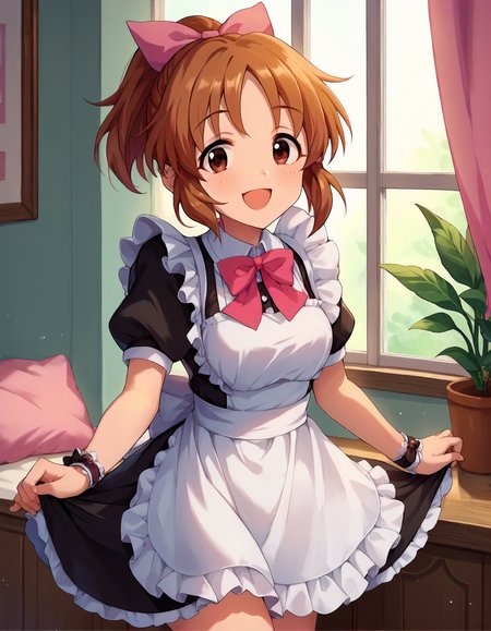 score_9,score_8_up,score_7_up,1girl,solo,cowboy shot,looking at viewer,smile,open mouth,indoors,
<lora:abenana_ponyXLV6:0.8>,cgabnn,
brown hair,ponytail,brown eyes,
hair bow,pink bow,maid apron