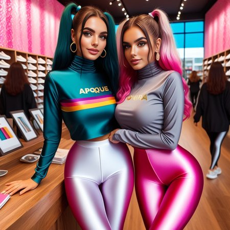 appliqu style, layered fabric, colorful, patterned, textured elegant digital painting, the image portrays a striking digital art piece. at the center of the composition, one south american women, the image captures a vibrant and festive atmosphere with a 24 year old adult woman at its center. she is dressed in an eye catching ((satin)) dark top paired with shiny pink and grey  and white spandex_leggings, beautiful long pigtails hair <lora:add-detail-xl:2>
 <lora:spandex_leggings_v1:1.5>