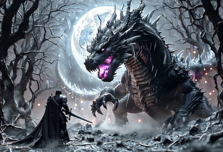 evil frozen dragon, realistic, In a cyberpunk-inspired realm, Theme: Futuristic, cyberpunk-inspired The Moon: A figure, walking through a dark, foggy forest, is haunted by ghostly apparitions. The background is the silhouette of a dragon emerges from the darkness, its form composed of the same vibrant energy. The entire scene is bathed in a contrast of deep blacks and brilliant frozen dragon, creating a dynamic and visually striking composition. Particles of light scatter through the air, adding to the mystical atmosphere. This digital illustration blends elements of anime artistry with futuristic aesthetics, resulting in a captivating image that radiates energy and intensity, snowing, ready for battle, holding sword, bright thunder, red fireflies lightning <lora:CyberRealistic_Negative-neg:1> <lora:patty_cake:1> <lora:detailed_notrigger:1>  <lora:XL_boss_battle:1>