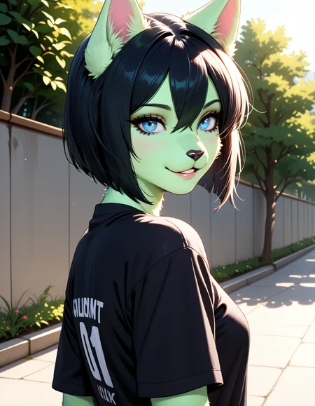 masterpiece, best quality, very aesthetic, absurdres,
outdoors, 
headshot, head tilt, from behind, 
t-shirt, 
seductive smile, parted lips, long eyelashes,
<lora:Junie_v01_NAIXL:1>
Jun1e,1girl,solo,furry,furry female,cat girl,cat ears,black hair,bangs,bob cut,hair between eyes,blue eyes,snout,animal nose,body fur,green fur,