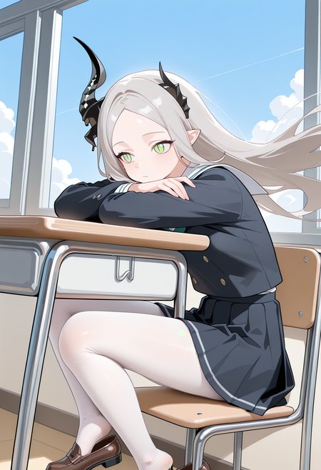 masterpiece, best quality, high resolution, source_anime, highly detailed illustration, detailed eyes,  
very aesthetic, absurdres, newest, amazing quality, 
1girl, solo, 
<lora:shiLeviathanV1ill-000010:1>, 
shileviathandef, black slime,
long hair, grey hair, parted bangs, green eyes, slit pupils, asymmetrical horns, pointy ears, 
floating hair, open window, wind, sitting, school desk, 
school uniform, pleated skirt, white pantyhose, expressionless, looking away,  brown loafers, blue sky, arm rest, 
<lora:shiShoePopV1ill:1>, shishoedangle, shoe dangle,