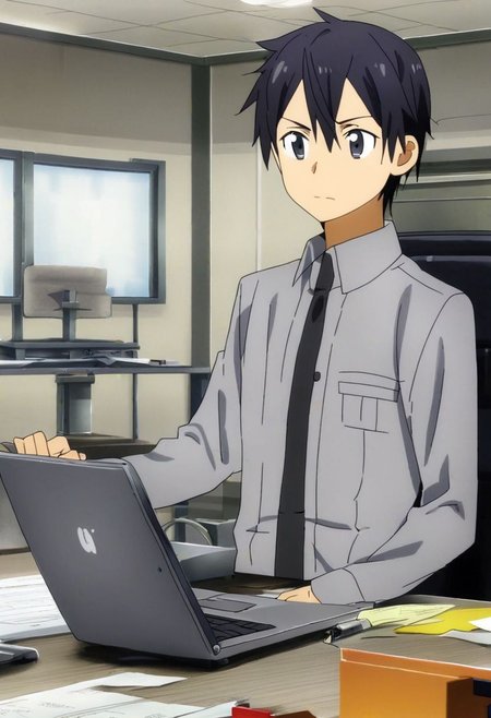 high resolution, professional photography, solo, best quality, 1Boy, Kazuto Kirigaya, Black Hair, Black Eyes, worker, working, office space, office desk, concentration, focus, laptop, OverallDetail