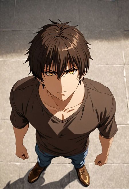 Highres, Masterpiece, High Quality, 4K, 8K, solo, 1Boy, Seiya Kanie, short dark brown hair, golden eyes, standing, straight facing upwards, casual, seen from above, arrogant face, dominant, intimidate, easynegative, detailed_eye_model