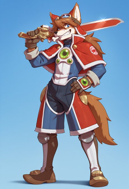masterpiece,best quality,amazing quality, RedSav, 1boy, furry male, solo, three quarter view, two-tone fur, brown hair, dog ears, animal nose, detailed eyes, blue eyes, dog tail, scar on face, redattire, red headwear, goggles on headwear, capelet, very long sleeves, shoulder patch, green gemstone, boots, gloves, full body, bone in mouth, grin, teeth, standing, sword, gunblade, weapon over shoulder, hand on own hip, looking at viewer, blue background, gradient background