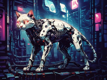 score_9, score_8_up, score_7_up, score_6_up,  <lora:cyb0rgXLP:0.8> cyb0rg, solo, science fiction, cable, mechanical parts, cat, black, feral, full body, glowing eyes, neon lights,