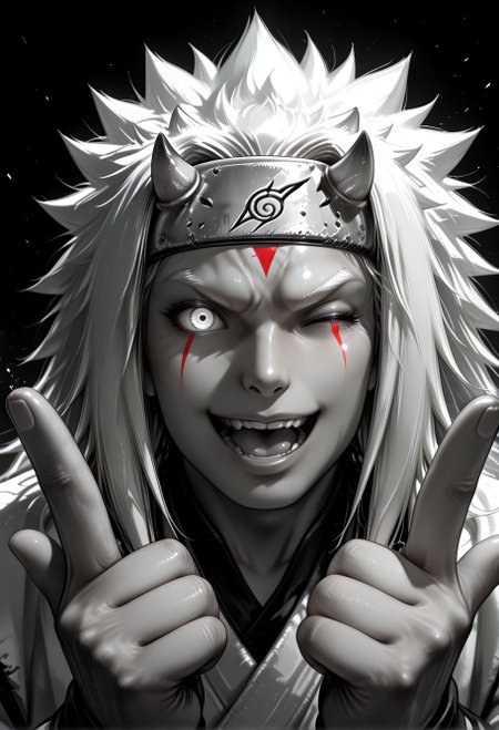 SmoothNoob_Quality, (greyscale:1.5), 1boy, jiraiya \(naruto\), naruto shippuuden, old, portrait, upper body, glowing eyes, smile, open mouth, double finger gun, one eye closed, white hair, white eyebrows, horned forehead protector, small horns,  spot color, black and white, dynamic angle, looking at viewer, (black background), <lora:Mature_Comics_Style_-_NoobAI:1>,​​​