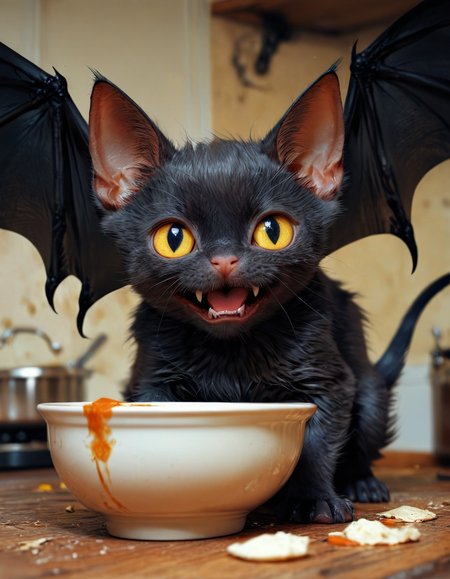 best quality, masterpiece,
dogbat, no humans, animal focus, black cat, bat wings, cute, fangs, angry, 
full_of_soup, kitten, closed mouth, animal focus, lying, dutch angle,