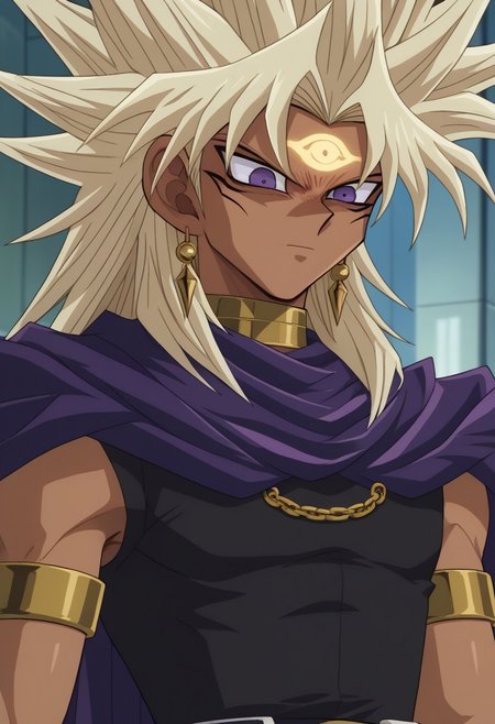 score_9, score_7_up, source_anime
marikuish, 1boy, male focus, solo, yami marik, dark skin, dark-skinned male, purple eyes, blonde hair, long hair, spiked hair, jewerly, earrings, neck ring, armlet, shirt, black shirt, sleeveless, cape, purple cape, forehead mark, eye of horus
outdoor,