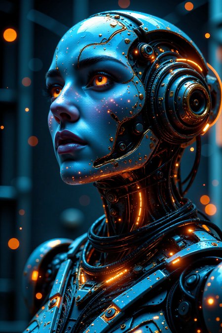 A highly detailed cybernetic humanoid with a metallic blue face, seamlessly integrated into an intricate mechanical system. Its synthetic skin is adorned with golden circuits, embedded microchips, and glowing orange energy lines. The androidâs large, expressive eyes are filled with a deep artificial intelligence presence, scanning its surroundings. Wires, gears, and complex technological components intertwine around its head and body, connecting it to a vast futuristic mainframe. The environment is a dark, neon-lit cybernetic core, pulsating with energy, evoking a futuristic AI-driven world where machines and consciousness merge.
<lora:aidmaFLuxPro1.1_v0.3:0.5> <lora:aidmaImageUpraderv0.3:0.4> <lora:aidmaMJ6.1_v0.5_3:0.3> <lora:ck-shadow-circuit:0.3> <lora:Kodak Motion Picture Film style v1:0.6> <lora:midjourney_whisper_flux_lora_v01:0.4> <lora:Midjourney_Dreamlike_Fantasy_FLUX_LoRA:0.3> <lora:more_details:0.8> <lora:Super_Eye_Detailer_By_Stable_Yogi_SDPD0:0.6> <lora:UltraRealPhoto:0.3> <lora:flux-colourful:1> <lora:Servitor_-_Warhammer_40000_Flux:1>