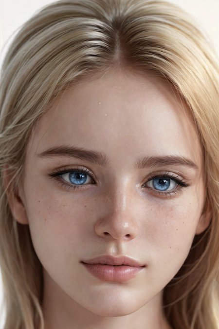 safe_pos, Very close-up view of a european sexy woman, show only face, 25 years, blonde, blue eyes,

Realistic, photorealistic, real, real skin, realistic skin, detailed, 8k,

White background, golden backlights, perfect illumination, OverallDetail, Skin texture style, Detailed skin, Skin pore, fFaceDetail