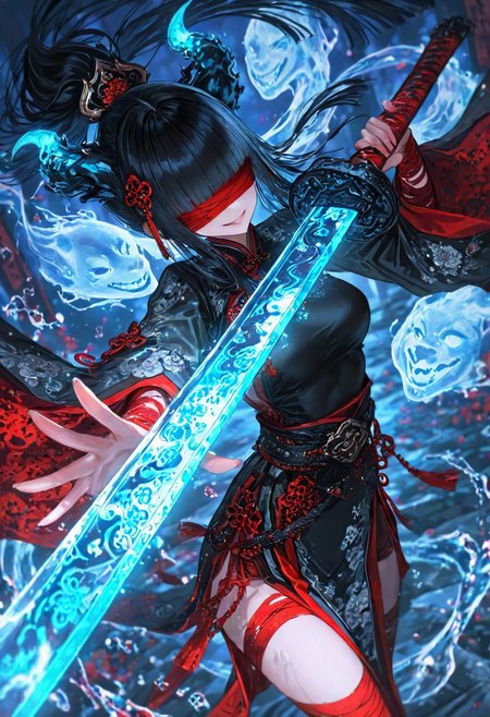 1 girl, solo, long hair, breasts, bandage over eyes, red bandage, looking at viewer, bangs, black hair, hair ornament, long sleeves, medium breasts, smiling, grinning, standing, ponytail, weapon, cowboy shot, outdoor, Chinese clothes, horns, sword, wide sleeves, blunt bangs, cheongsam, water, holding weapon, blurry, belt, night, floating hair, depth of field, glowing, holding sword, belt, belt, floral print, Chinese sword, ghost horns, black cheongsam, lora:XuEr_TuGou_GuangYing_V3:0.9, (artist:quasarcake:0.8), extreme aestheticism, (wlop:0.6), Honjo Raita, lack, rella, wanke, raita, masterpiece, best quality, good quality, latest, 2024, 2023, very aesthetic, absurd, visual impact, dynamic composition, ultra-high resolution, 32K UHD, sharp focus, masterpiece, emotional, unconventional supreme masterpiece, exquisite details, gentle atmosphere, high-end texture, in style of fashion photography, (visual impact:1.2), poster dynamic visual impact, impactful imagery, official art, colorful, cinematic perspective, masterpiece, best quality, amazing quality, extremely aesthetic, absurd, best quality, latest, dynamic angle, cinematic angle, Dutch angle, foreshortening，XUER guangying