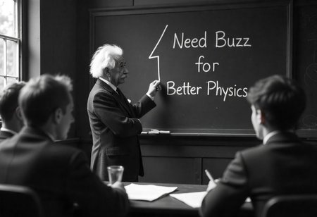 Realistic photograph, Professor Albert Einstein teaching students Physics in a classroom in 1930s. 1930's era, 1930's clothing ambiance and photography style, Professor Einstein makes an emoji of thunderbolt with chalk on the board, and he writes "Need Buzz for Better Physics" on the board, the students are engrossed in the lecture 