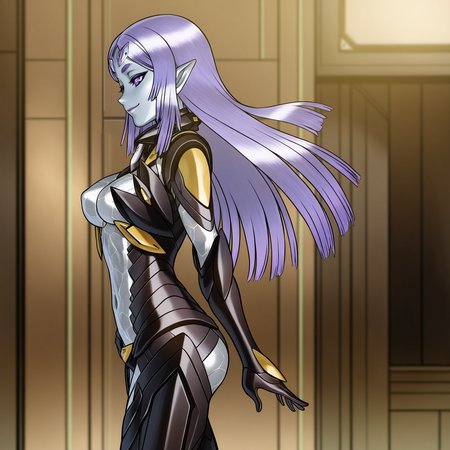 masterpiece, best quality,very aesthetic,absurdres
1girl
 <lora:ETFILLUS2:1> etfillus, colored skin,white skin, pointy ears, purple eyes, long purple hair, black armor, see-through bodysuit,white bodysuit,navel,thigh cutout || ass cutout
sci-fi,indoors,cowboy shot, , upper body, motherly,smile, from side,ass,looking at you,from side,metal walls,holograms ,kita senri