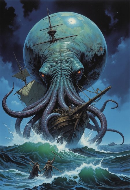Comic book style 8k high quality digital painting , masterpiece, very detailed, ultra realistic, (best quality) very detailed epic masterpiece, a sailing ship on a stormy ocean is being attacked by a giant squid emerging from the water, tentacles winding around the ship, big waves, dramatic dark sky, action, scary, best quality, epic scene,  Dungeons and dragons atmosphere, heroic fantasy, fna_style, Comic book style