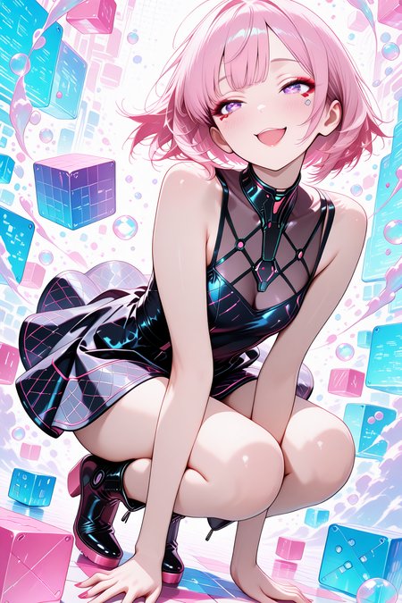 lazympos, rkgk art, rkgk,unfinished, sketch, masterpiece, high_quality, highres, sharp_focus, dim light, cyberpunk, saturated colors, soft light, 1woman, korean girl, short hair, straight hair, pink hair, purple streaks, patterned mini dress, sleeveless, multi-colored mini dress, block pattern, heeled boots, nail polish, lipstick, blush, stylish, excited, curious, ((detailed eyes, perfect hands)), squat, stylish background, bubbles, holographic bubbles, blocks, different sized blocks, holographic, dynamic pose, dynamic angle, naughty face