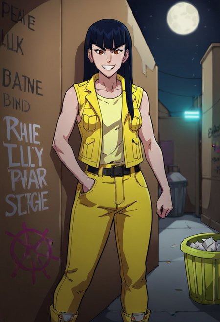 score_9,score_8_up,score_7_up,score_6_up, 
mmprtrini, 1girl, black hair, long hair, bangs, brown eyes, yellow vest, yellow shirt, sleeveless, belt, yellow shorts, yellow footwear, shoes, solo
BREAK, solo, upper body, close-up, face focus, looking at viewer standing, leaning, leaning against the wall, smirk, naughty face, hand inside pants pockets, mean look, rebel, dark alley, garbage, paper, trash cans, graffiti, torn posters, detailed background, night sky, stars, black sky, moon, moonlight, moon's ray, dim lights, cityscape
