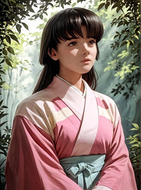 score_9, score_8_up, score_7_up, score_6_up, score_5_up, score_4_up, source_anime, rating_safe, 1japanese girl, ayeka,  <lora:Ayeka__Tenchi_Muyo:0.7> pink kimono, soft natural lighting, smooth soft skin, symmetrical, natural skin texture, soft lighting, detailed face, photo realism, soft pastel colors sparkling, looking into camera, photorealistic painting, sharp focus, 8k, perfect composition, trending on artstation, award-winning photograph, unreal engine 5, cinematic smooth, intricate detail, studio photo, highly detailed, forest background,  <lora:AmateurStyle_v1_PONY_REALISM:0.7>