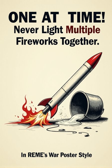 A vintage poster with a clear, simple illustration of a firework rocket lying horizontally on the ground next to a tipped-over bucket of water. Flames are subtly depicted near the rocket. Bold, black text on a white background warns: "ONE AT A TIME! Never Light Multiple Fireworks Together." Emphasize the potential for chaos and danger with multiple ignitions.  <lora:REMEs_War_Poster_Style:0.95> In REME's War Poster Style,âââ