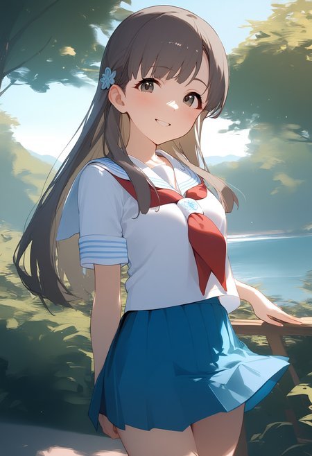 1girl,kobayakawa sae,looking at viewer,red neckerchief,solo,blush,pleated skirt,serafuku,sailor collar,short sleeves,white shirt,blue skirt,smile,outdoors,standing,<lora:a31_char_new_kobayakawa_sae:1>masterpiece, best quality, absurdres<lora:a31_style_koni-000010:0.8>