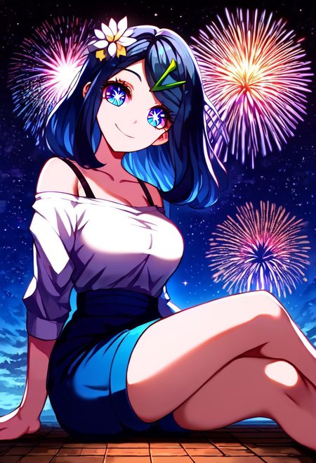 score_9, score_8_up, score_7_up,source_anime, jvdaniang, planet size, 1girl, Liko_(Pokemon), black_hair, blue_eyes, medium_hair, cowlick, hairclip, symbol-shaped pupils, eyelashes, hair flower, shirt, white shirt, collarbone, off shoulder, bra strap, shorts, blue shorts, large breasts, Surreal night scene, stars, sitting, floor, sitting on floor, bend over, crossed legs, looking down, in city, facial expression, kind, smile, head tilt, soft eyes, dreamlike atmosphere, fireworks, glowing edges, mystical, high contrast, ethereal light, side view, gl0w, glow, Extreme Size Difference, gradient eyes, beautiful detailed eyes, high gradient eyes, detailed eyes, high definition eyes, downward view, low-angle of viewer, low angle, left side position, growing even larger,