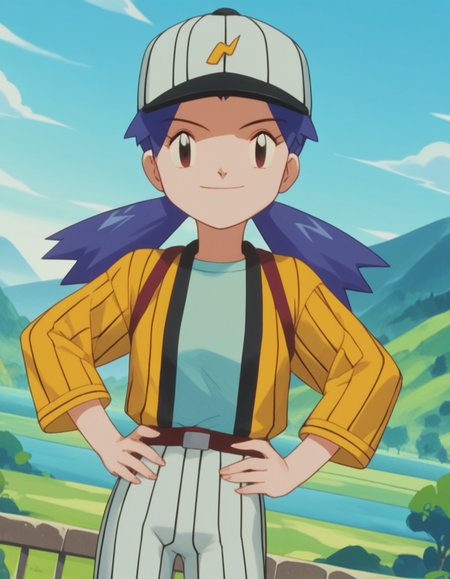 score_9, score_8_up, score_7_up, source_anime,
pokemoncasey, <lora:pokemon-casey-anime-ponyxl-lora-nochekaiser:1>,
casey, long hair, twintails, blue hair,
shirt, long sleeves, hat, striped, white headwear, baseball cap,
landscape, smile, hands on hips,
looking at viewer, cowboy shot, dutch angle, solo,