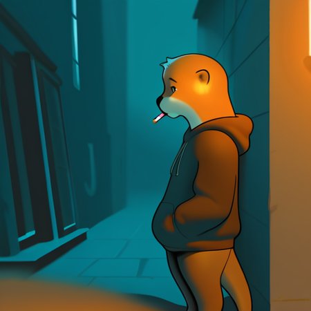 <lora:Inkune-09:0.9>inkune,
masterpiece,best quality,amazing quality, sfw,
BREAK
solo, otter, male, no human,
BREAK
1boy, no hair, fussy hair, displeasure expression, tired, hoodie, hood,
standing, smocking, 
from side, half body, night, dark ambient, cigarette light, alley, focus face