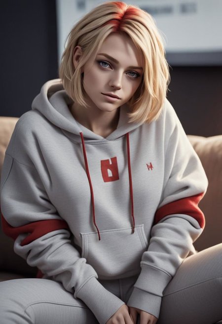 photo,real,1 girl, blond hair with red highlights, full_shot,cinematic_angle,(25 yo),Volumetric Lighting,available light, flat chest,hoodie,lowleg_pants,hair_flaps,short hair,smirk,sitting in sofa,