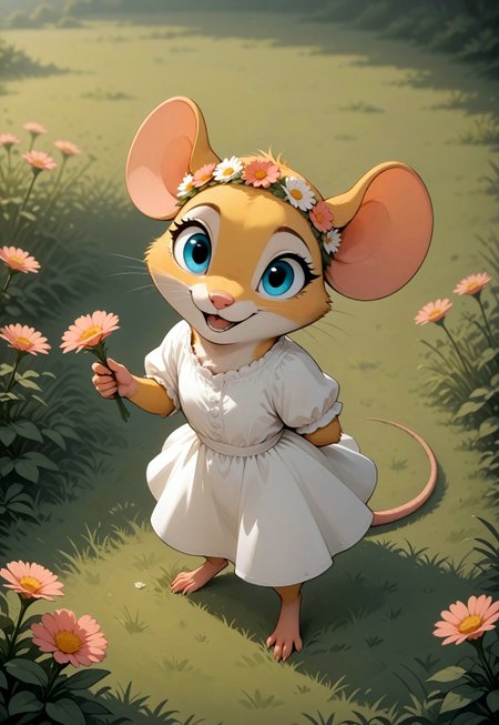 masterpiece, best quality, amazing quality, 

m0use_istyle, (cute, toon:1.3), mouse, 1girl, yellow fur, blue eyes, white dress, head wreath, frilly, spring, field, (detailed background, flowers, tall grass:1.3), flowers, tall grass, flowers, tall grass, holding flowers, from above, standing, close up, (looking at viewer:1.2), one arm behind her back,  

