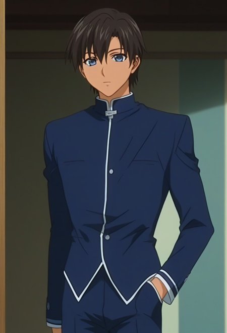 ((masterpiece)), ((best quality)), ((ultra-detailed)), ((absurdres)), score_9_up, score_8_up, score_7_up,
HD, top quality, best quality, amazing quality, High-quality illustrations, anime screencap, source_anime, best aesthetic, perfect proportions, perfect eyes, 1boy, 1male, solo boy, solo male, male focus, solo male focus, Anime, boy, male anime character, anime boy, handsome, cute, charming, sexy, Takumi Onodera, black-brown hair, long bangs, dark blue eyes, ((lean body)), slightly tanned skin, ((dark blue top, long sleeves, dark blue pants)), ((cowboy shot, head to hips shot)), ((school)), easynegative, updn, Expressiveh, masterpiece, best quality, very aesthetic, absurdres